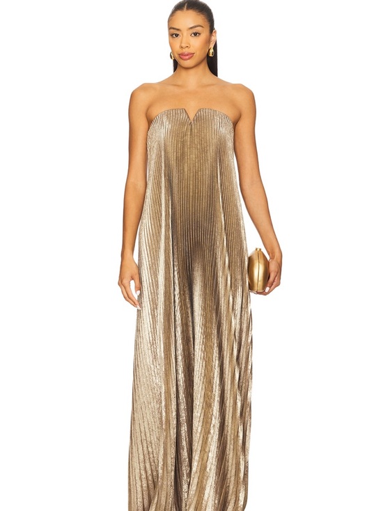 L’Idee Dresses & Skirts - Strapless Metallic Gold Pleated Maxi Dress